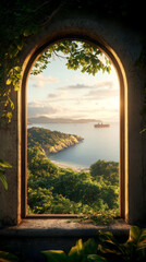 The sea viewed through an open window with wooden shutters offering a serene coastal view.