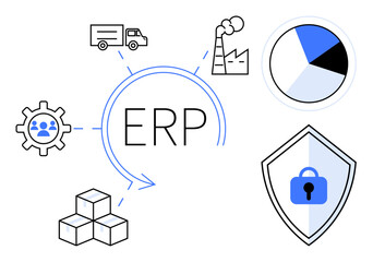 ERP surrounded by industrial icons gear with people, delivery truck, factory, pie chart, shield with lock, and cubes. Ideal for enterprise resource planning, business solutions, industrial processes