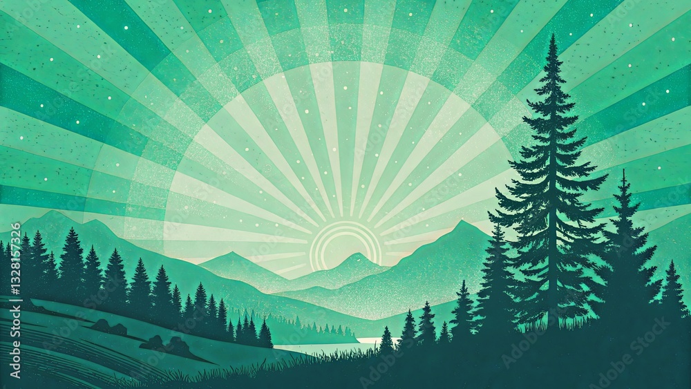 Poster a green and white poster of a forest with a tree in the foreground