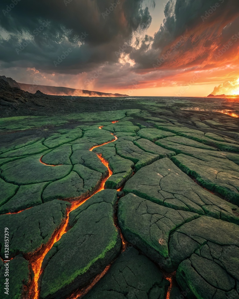 Poster a lava field with a green grassy area and a large hole in the ground