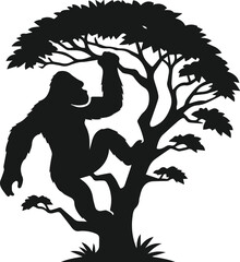 silhouette of a gorilla climbing a tree
