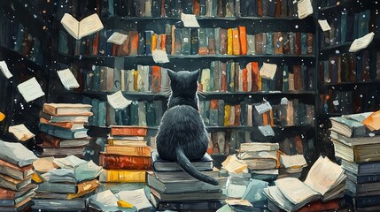 Black cat sits atop a pile of books surrounded by scattered pages in a cozy library setting during a calm afternoon