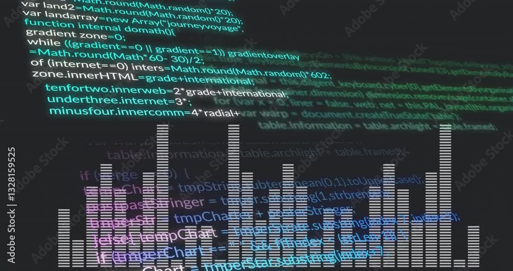 Poster digital code and bar graph animation over dark background with colorful text