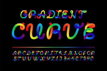 Color gradient curved twisted script typeface. Numbers and letters cursive, round painted game alphabet. Rainbow ribbon vivid 3d fusion font. Flexible looped intersected bold lines liquid summer party