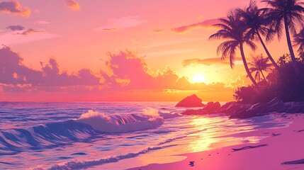 Vibrant Tropical Beach Sunset with Palm Trees and Waves, cloudy sky pink colored scene