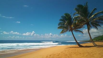 Obraz premium Tropical Beach Scene with Palm Trees and Ocean Waves, scenic landscape under blue vast skies