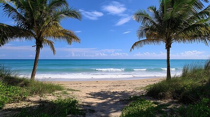 Tropical Beach Scene with Palm Trees and Ocean Waves, scenic landscape under blue vast skies