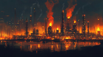 An oil refinery at night, with glowing pipes and tanks, emitting a fiery orange glow against the dark sky