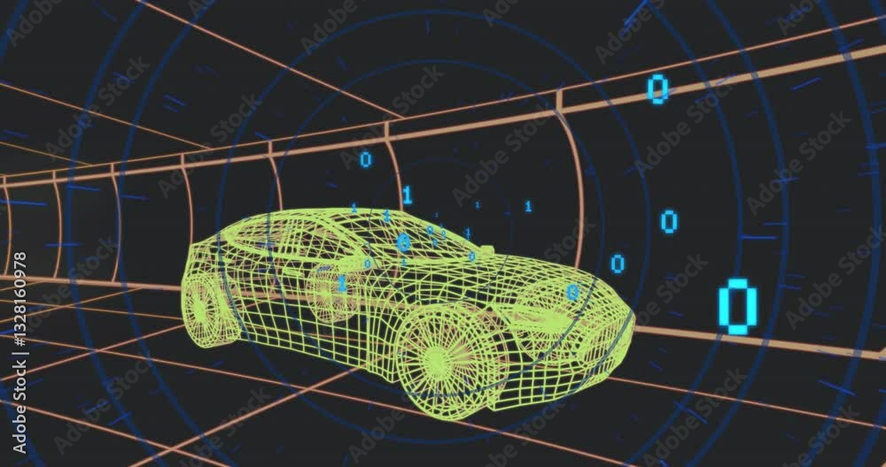 Poster futuristic car wireframe with binary code animation in digital tunnel