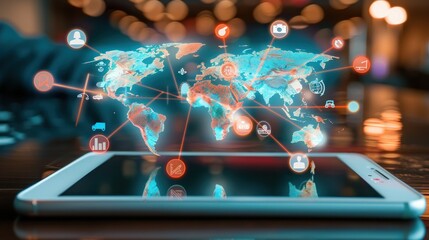Tablet screen showing a holographic world map projection overlaying digital icons representing various international locations and landmarks.