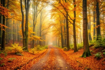 Obraz premium Misty Autumn Forest Path: Panoramic Golden Leaves, Serene Nature Scene, Travel Adventure