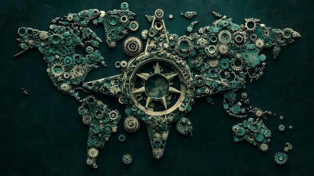 Steampunk world map with compass. - Powered by Adobe