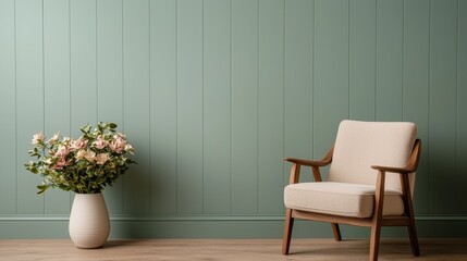 Durable Wall Paint Home Interior Coatings, Trendy Green Wall with Modern Armchair and Floral Arrangement in Room