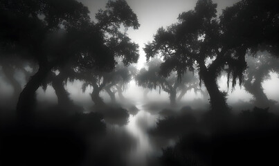 Monochromatic photograph of a tranquil swamp scene, showcasing majestic, moss-draped trees shrouded in a thick, ethereal mist, reflecting in still water