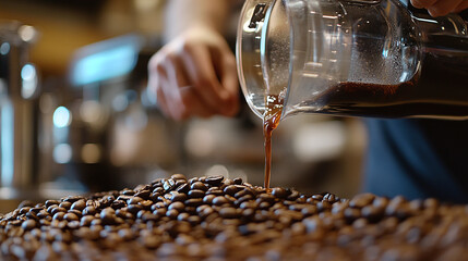 A barista skillfully pours coffee from a French press over coffee beans, with a soft-focus café setting in the background.