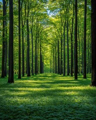 Fototapeta premium A serene view of a lush green forest, featuring a winding dirt path that meanders through tall trees, vibrant foliage, and dappled sunlight filtering through the leaves.