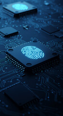 Secure Biometrics: Fingerprint ID on a Microchip. High-Tech Security, Authentication, Access Control, & Data Protection. Tech Circuit Board Design.