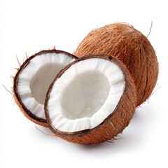 Minimalist isolated on white Summer Travel and Vacation Outdoor, Isolated Coconut Half and Whole on White Background Ready for Cold Drinks