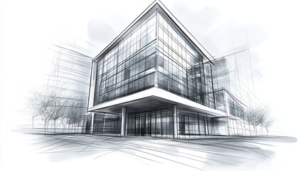 Architectural sketch of modern glass building (2)
