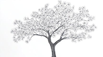 Detailed line drawing of a flowering tree against a plain background. Possible use Stock image for nature, design, or education