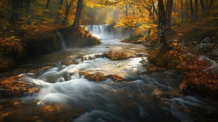 Autumn waterfall in forest, sunlight, flowing stream, fall foliage, nature scene