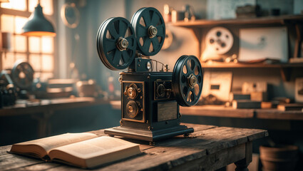 Fototapeta premium Classic Vintage Film Projector in a Rustic Study