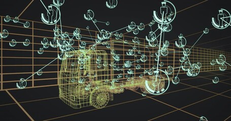 Digital wireframe of truck with network connections and data processing animation - Powered by Adobe