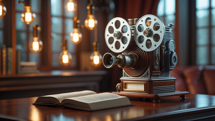 Fototapeta premium Classic Vintage Film Projector with Wooden and Metal Details in Warm Lighting
