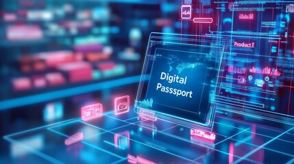 Digital product of data passport in hologram futuristic background