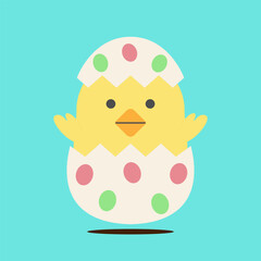 Cute easter baby yellow chick hatch from egg shell in cartoon character styles flat design, vector illustration
