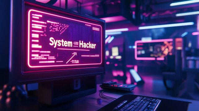 System hacker in screen desk, hacker's work environment, 3D rendering