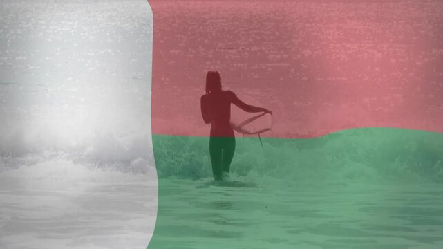 Riding wave, surfer with colorful animation overlay in ocean scene