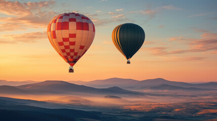 Fototapeta premium Hot air balloons in sunset sky over mountains, creating serene atmosphere