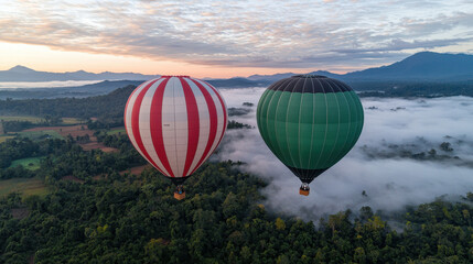 Hot air balloons flying over misty landscape at sunrise, creating serene atmosphere