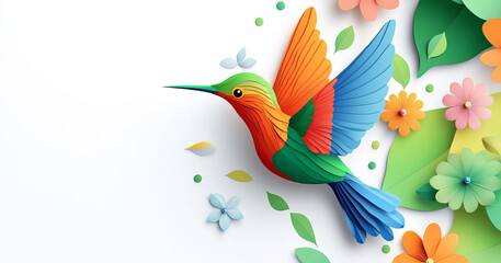 A vibrant hummingbird with orange, blue, and green feathers is surrounded by flowers. The layered paper-cut art style adds depth and elegance to the clean white backdrop.