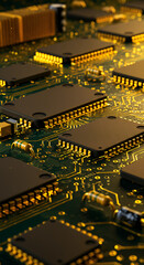 Golden Circuitry: A Close-Up View of Modern Electronics, Chips, Components, and Technology | High-Tech Motherboard Design