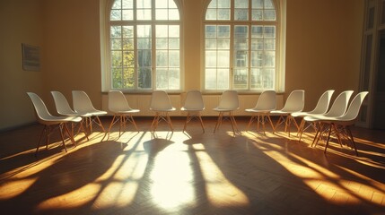 White chairs arranged in a circle in a sunlit room. Ideal for concepts of meetings, therapy, or group discussions.