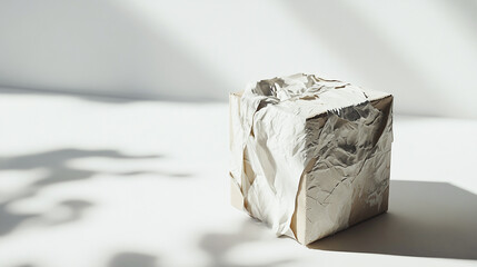 An artistic representation of a shredded box corner on a white background uses soft shadows to create depth, emphasizing the chaos of torn materials.