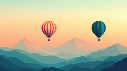 Obraz premium Colorful hot air balloons float over serene mountains at sunset