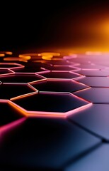 Obraz premium Neon hexagons on a dark background, futuristic design, high-tech aesthetics 