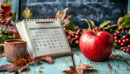 Autumn Scene with Calendar, Apple, and Warm Colors on Wooden Table