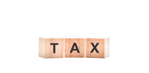 Tax, word on wooden blocks arranged in a row. Isolated on transparent background.