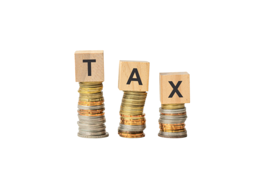 Tax, word on wooden blocks and on top of stacked coins. Isolated on transparent background.