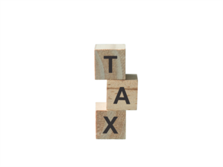 Tax, word on stacked wooden blocks. Isolated on transparent background.