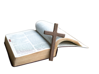 Open Bible with Wooden Cross. Isolated on transparent background.