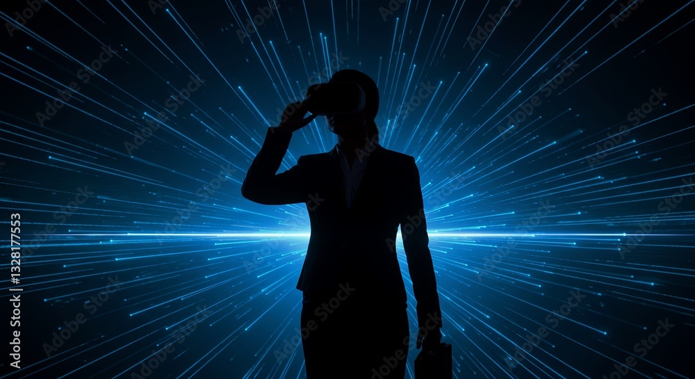Poster a woman in a suit is standing in front of a blue background with a line of light