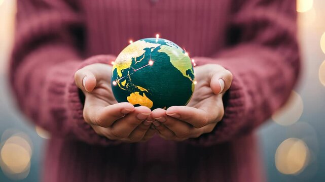 Person Holding Globe with Network Lines Depicting Global Connectivity in Conceptual Background for Technology, Communication, Sustainability Imagery in Soft Focus with Warm Tones