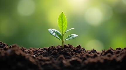 A small green plant is growing in the dirt