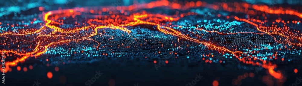 Poster dynamic data visualization of digital network patterns virtual environment graphic design aerial vie
