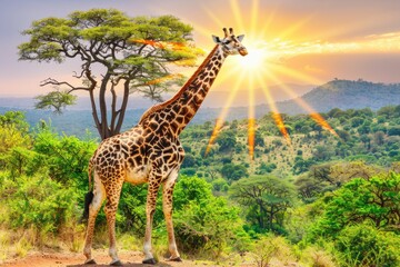 Obraz premium Majestic giraffe at African sunset